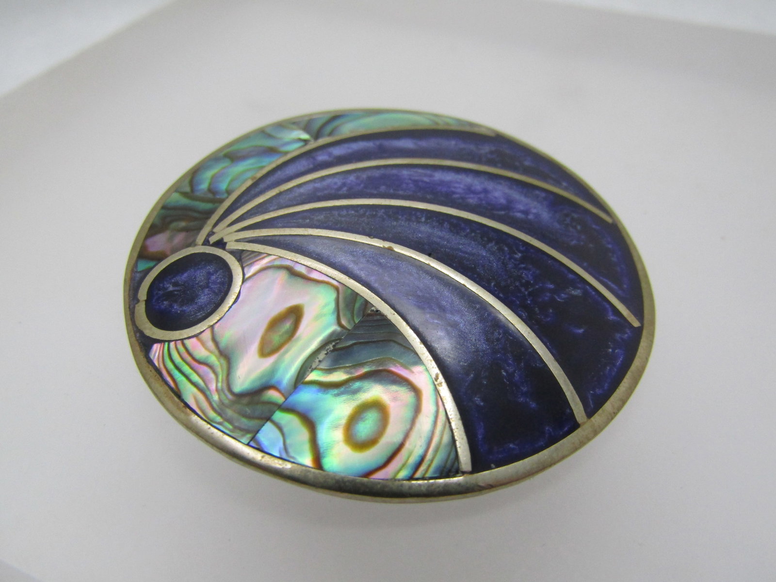 Vintage Mexican Alpaca Abalone Inlaid Brooch/Pendant, 1970's-1980's: Title: Vintage Mexican Alpaca Abalone Inlaid Brooch/Pendant, 1970's-1980's Description: Vintage Mexican Alpaca Abalone Inlaid Brooch/Pendant, 1970's-1980's. 1.5" round and sightly domed Mod brooch wit