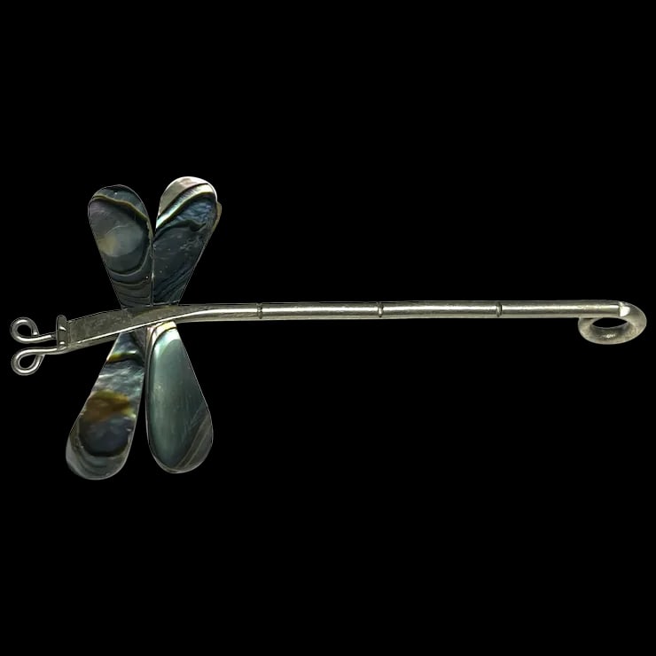 Vintage Alpaca Silver Dragonfly Pin with Abalone Wings: Title: Vintage Alpaca Silver Dragonfly Pin with Abalone Wings Description: Vintage Alpaca Silver Dragonfly Pin with Abalone Wings Hallmarked ALPACA MEXICO Silver, Shell Weighs 7.2 grams Measures 3 inc