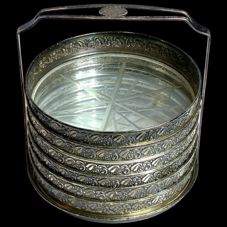Vintage Sterling Silver Caddy and Mounted Cut Glass Bottom Coaster Set of Six: Title: Vintage Sterling Silver Caddy and Mounted Cut Glass Bottom Coaster Set of Six Description: Vintage Sterling Silver Caddy and Mounted Cut Glass Bottom Coaster Set of Six Hallmarked: Sterling Wei