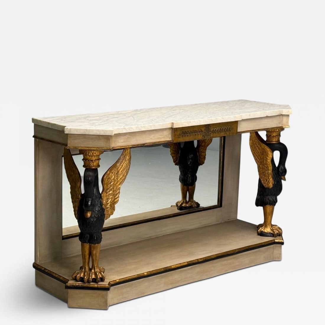 Maison Jansen attr., Hollywood Regency, Giltwood, Mirrored Console Table, 1940s: Title:Maison Jansen attr., Hollywood Regency, Giltwood, Mirrored Console Table, 1940s Description:Maison Jansen attr., Hollywood Regency, Giltwood, Marble, Mirrored Console Table, France, 1940s A Holl
