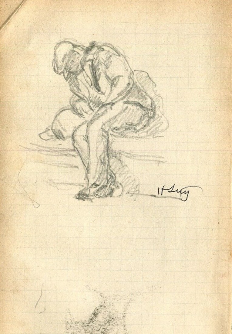 Vintage Pencil Original Drawing signed Man sitting Down Sketch Artwork: Drawing signed Man sitting Down Sketch Click an Image to See it Full-size Details Payment Shipping Terms of Sale Description Pencil on paper 14,5 x 8,5 cm