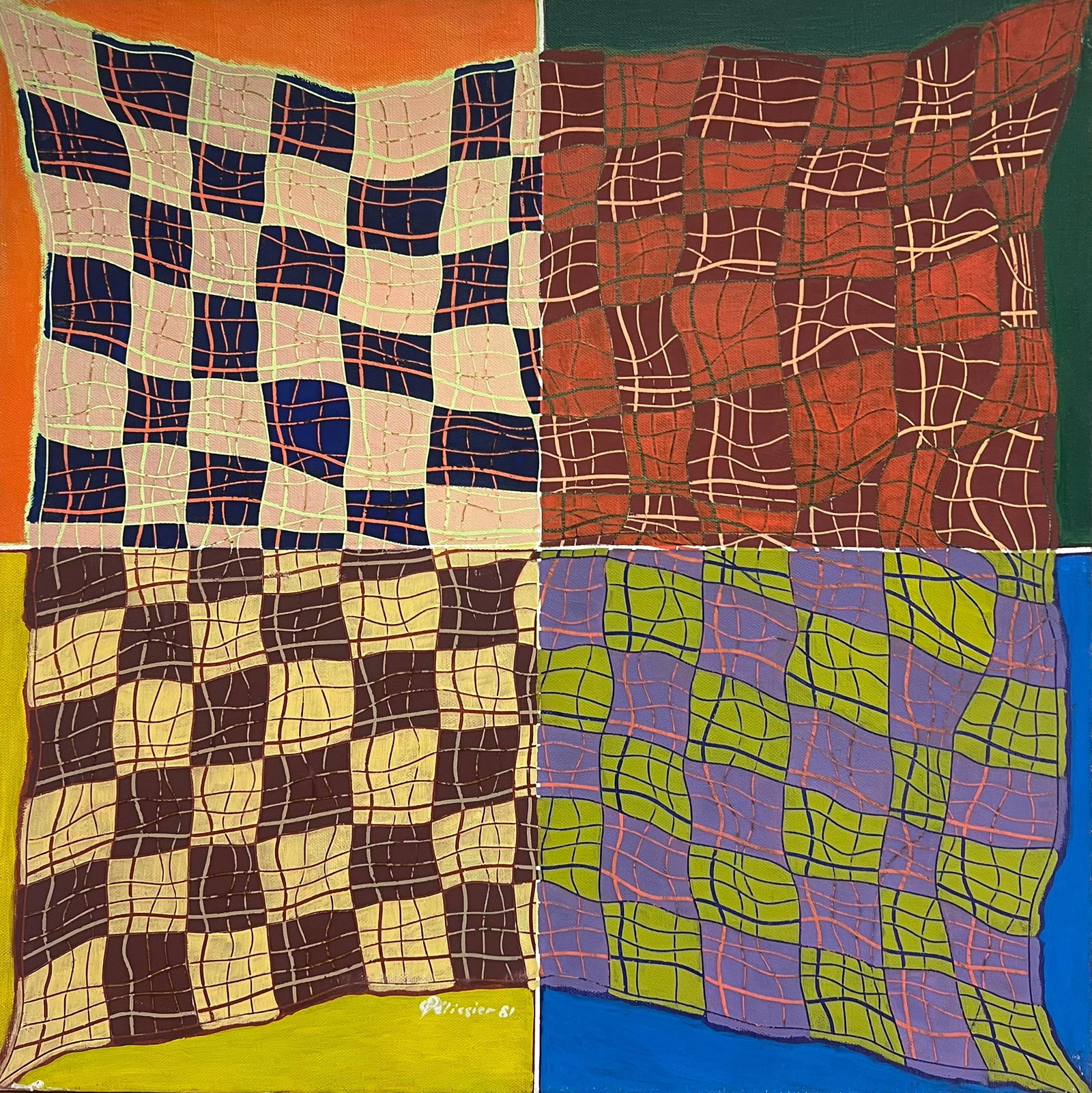 Gilbert Pelissier; French 1980's Geometric Abstract Signed Oil Painting on Canvas Squares & Shapes,: Title: Original Oil Painting of Seated Man at a Table with Dog by His Side Artist: Roland Pichard Signed: Verso Medium: Oil on oil paper, mounted on card Size: 13.75 (height) x 10.75 (width), (Includi