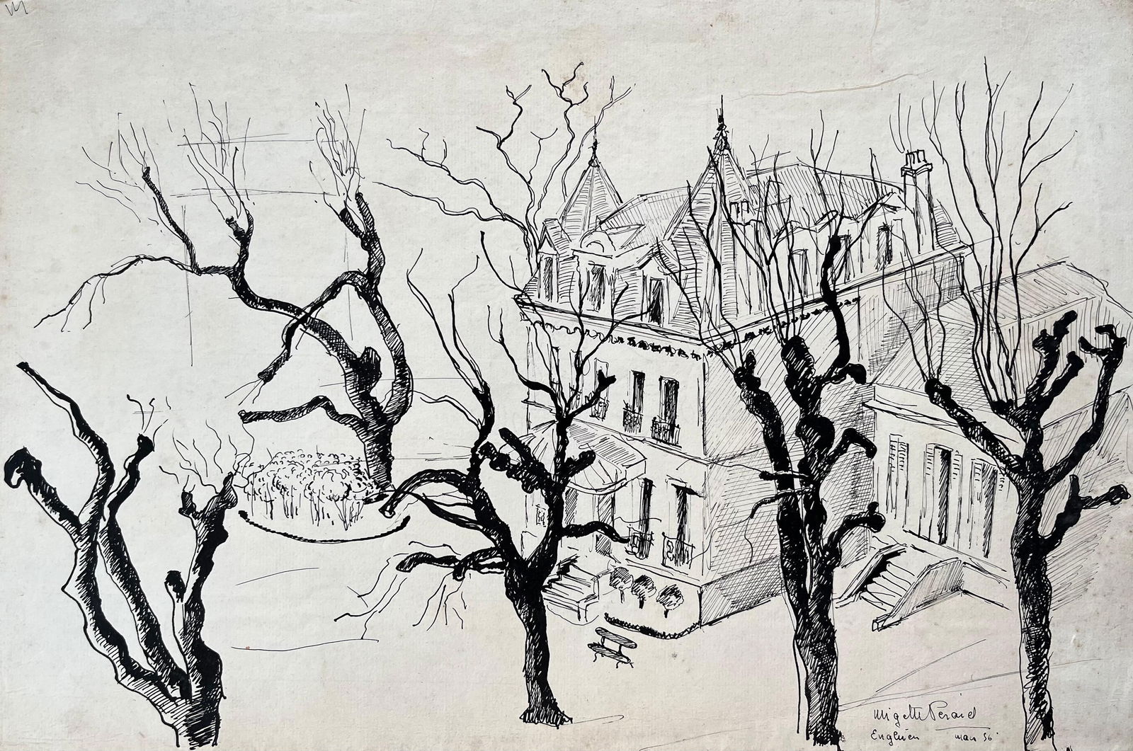 Anne Marie Migette Perard; Mid-Century French Ink Drawing of Mansion in Enghien France With Winter: The Cornish Fisherman Signed by David W. Haddon (British, flourished end of the 19th century) Oil on board, framed framed: 13 x 11 inches board: 10 x 8 inches Provenance: Private collection, Cornwall,