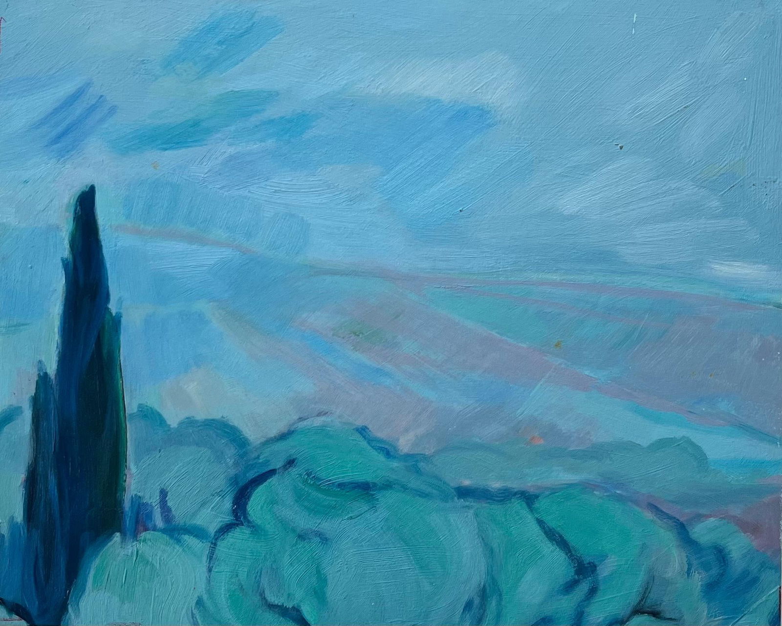 Roland Pichard; Original Oil Painting of Serene Landscape with Cypress Tree and Rolling Hills: Title: Original Oil Painting of Vibrant Still Life with Fruit Bowl and Sliced Fruit Artist: Roland Pichard Medium: Oil on oil paper, mounted on card Size: 13 (height) x 9.5 (width), (Including mountin