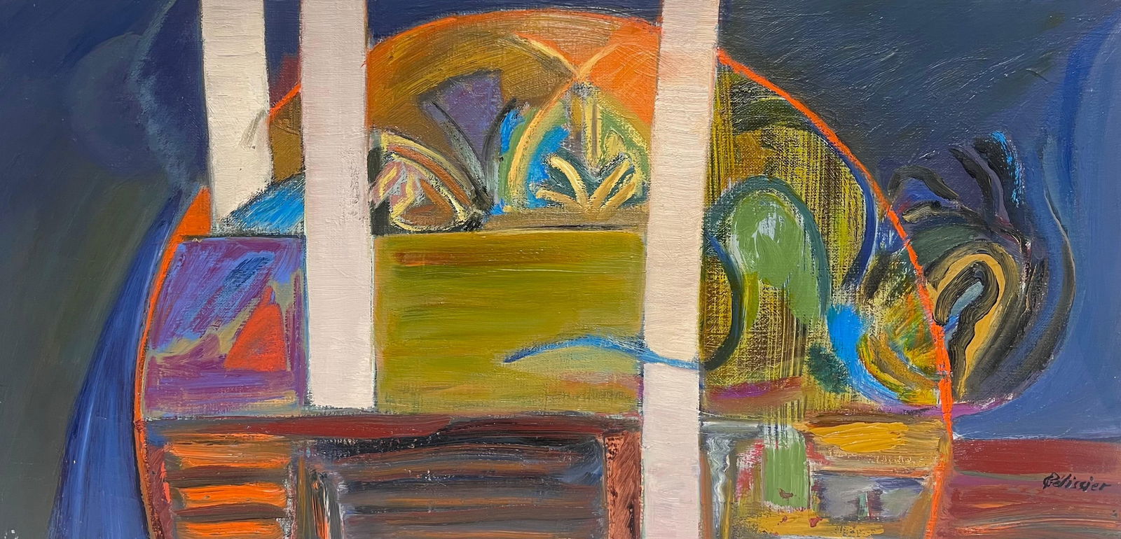 Gilbert Pelissier; Bold Lines and Organic Forms in a Vibrant Abstract French 20th Century Painting,: Rustic Dockside signed by Georges Bordonave (French contemporary) dated 1993 oil painting on canvas, unframed canvas: 20 x 25 inches condition: very good provenance: from a large private collection of