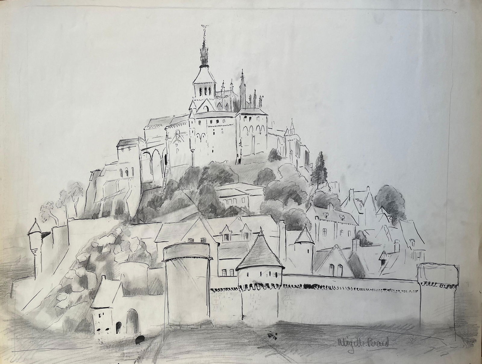 Anne Marie Migette Perard; French Mid-Century Drawing of Mont-Saint-Michel with Medieval Ramparts: Abstract Expressionist Composition by Marie Deloume (French born 1942) signed oil painting on canvas, unframed canvas size: 51 x 38 inches condition: overall very good, a few minor surface scuffs from
