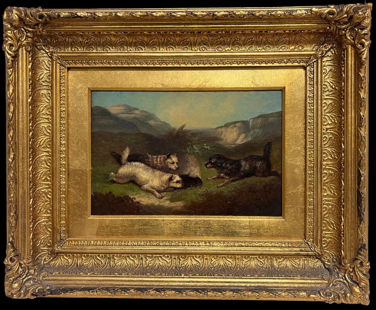 Fine Victorian English Oil Painting Three Terrier Dogs Highland Rabbit Hole: Three Terrier Dogs in Landscape English artist, mid 19th century circle of George Armfield (English dog painter, 1808-1893) oil on canvas, framed framed: 17 x 21 inches canvas: 8 x 12 inches provenanc