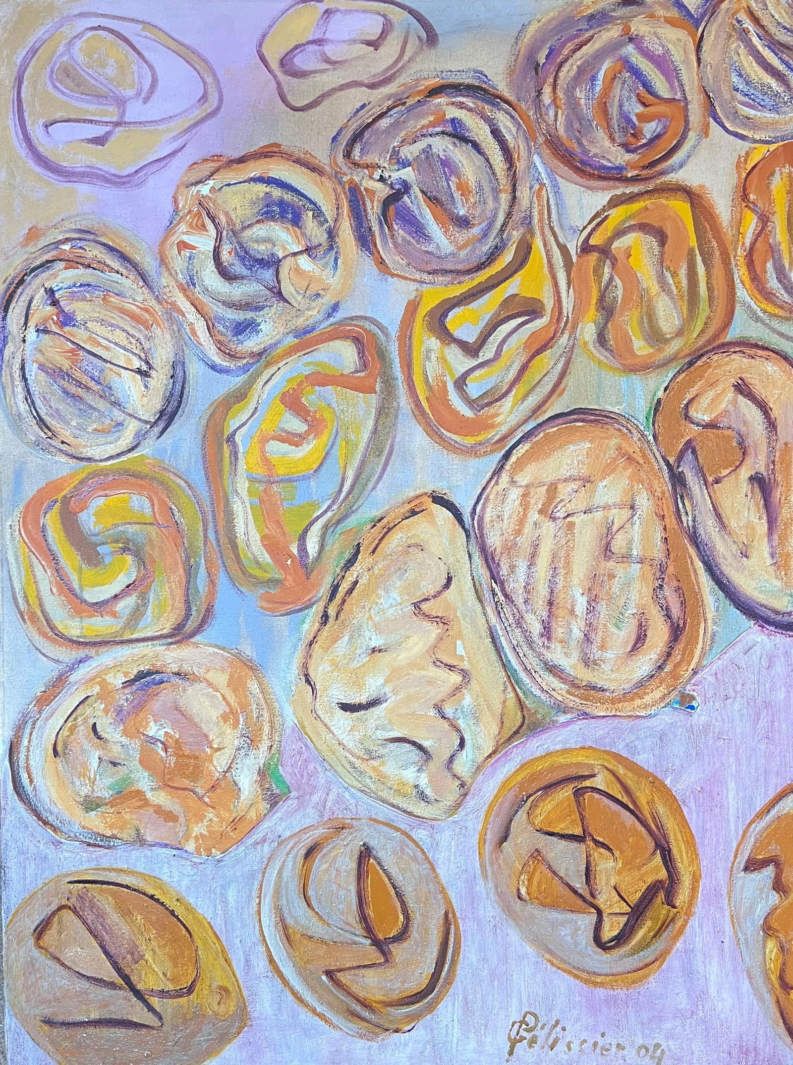 Gilbert Pelissier; Pink and Purple Abstract of Orange Circles French 20th Century Painting, 04: Title: Modern Impressionist French Oil Painting Lush Garden Scene with Seated Figure by Bernadette Kelly (French b. 1933) Unsigned Medium: oil painting on board, unframed Painting size: 10.25 inches (