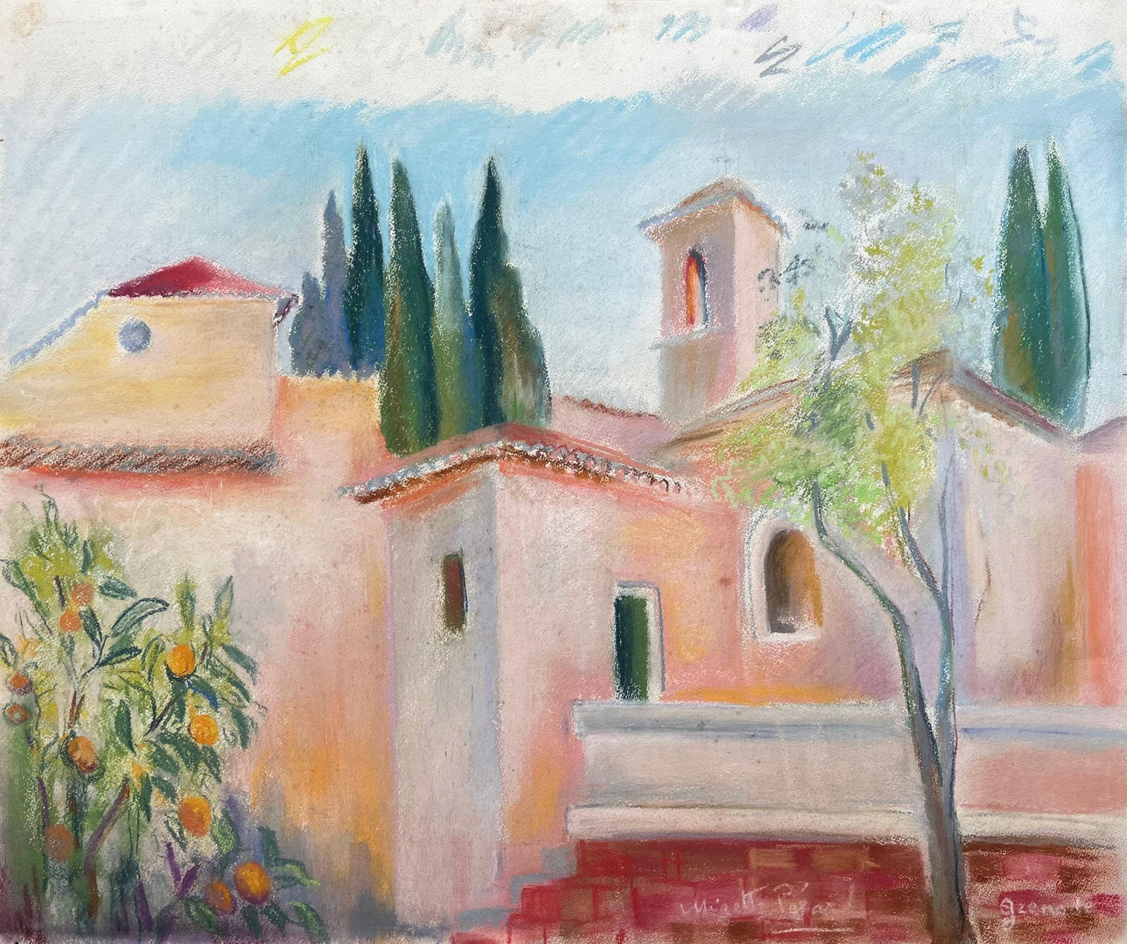 Anne Marie Migette Perard; Mid-20th Century Post-Impressionist Pastel Village Scene with Cypress: Title: Mid 20th Century Post Impressionist Pastel of Pink and Red Roses in a Vase by Anne Marie Migette Perard (French 1902-1977) Signed: Yes Medium: Pastel on unframed paper Size: 17 inches (height)
