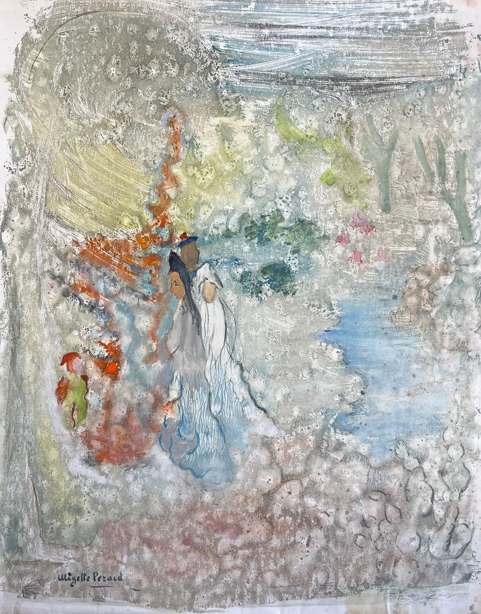 Anne Marie Migette Perard; French Mid-Century Mixed Media Painting of Bride and Groom in Dreamlike: Title: French Impressionist Gouache of Beached Fishing Boats and Lighthouse by Fanche Lel Signed: Yes Size: 8.75 inches (height) x 12.75 inches (width) Gouache painting on card, unframed Condition: Th