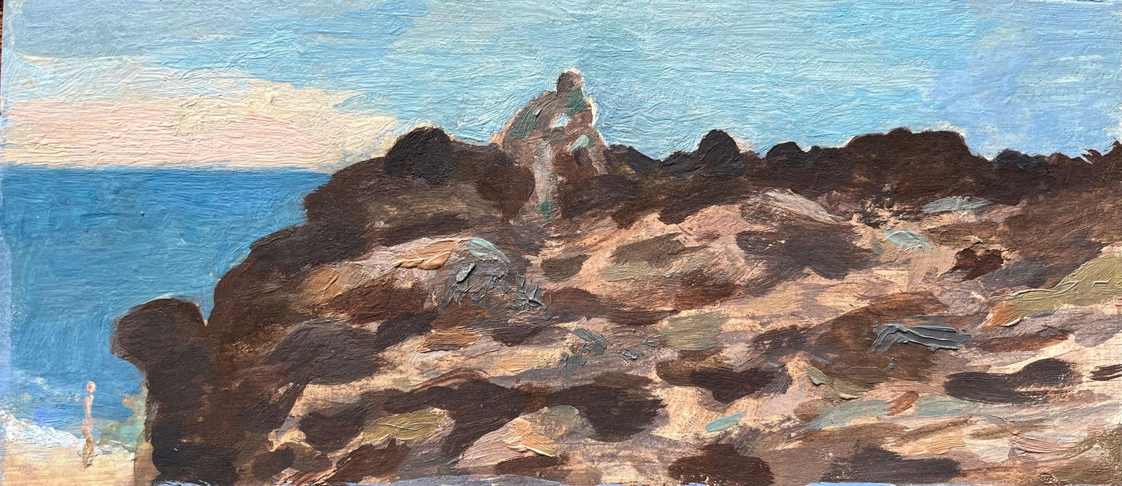 Bernadette Kelly; French Impressionist Oil Painting of a Coastal Landscape with Figures: Abstract Expressionist Composition signed by Gilbert Pelissier (French born 1924) oil painting on canvas, unframed canvas size: 39 x 39.5 inches Inscribed verso condition: overall very good, a few min