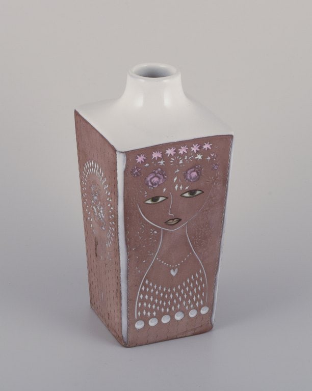 Mari Simmulson for Upsala Ekeby, Sweden. Ceramic vase in a square shape. Features floral and female: Title:Mari Simmulson for Upsala Ekeby, Sweden. Ceramic vase in a square shape. Features floral and female motif. Description:Mari Simmulson (1911-2000) for Upsala Ekeby, Sweden. Ceramic vase in a squa