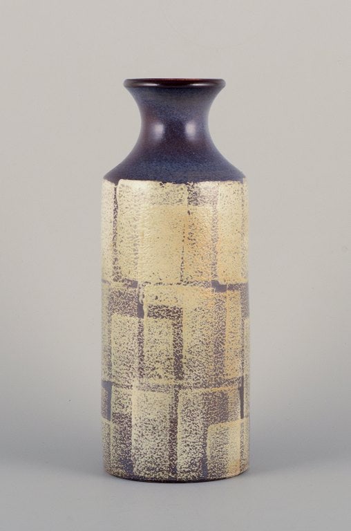 Mari Simmulson for Upsala Ekeby, Sweden. Ceramic vase with geometric pattern in violet and cream: Title:Mari Simmulson for Upsala Ekeby, Sweden. Ceramic vase with geometric pattern in violet and cream tones. Description:Mari Simmulson (1911-2000) for Upsala Ekeby, Sweden. Ceramic vase with geometr