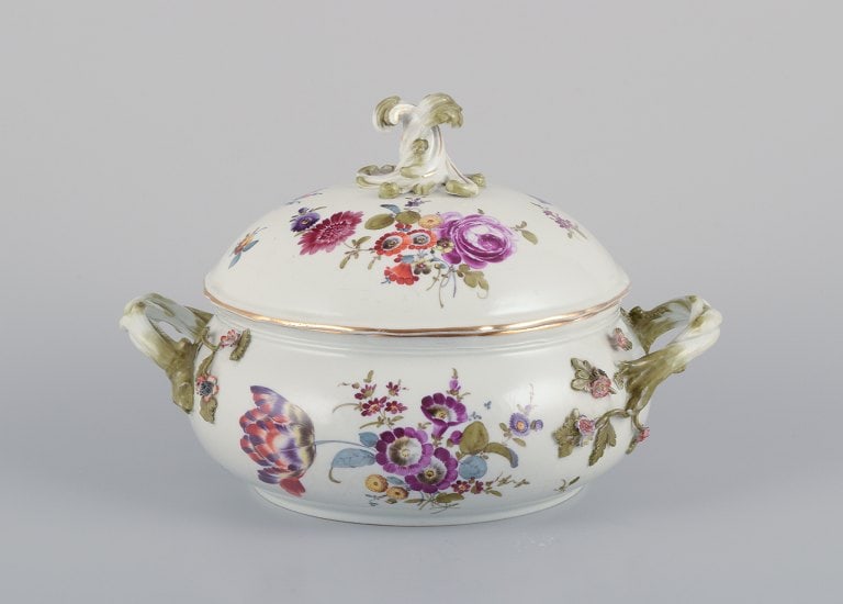 Meissen, Germany. Antique covered tureen hand-painted with polychrome flowers.: Title:Meissen, Germany. Antique covered tureen hand-painted with polychrome flowers. Description:Meissen, Germany. Antique covered tureen hand-painted with polychrome flowers. Branch-shaped handles. A