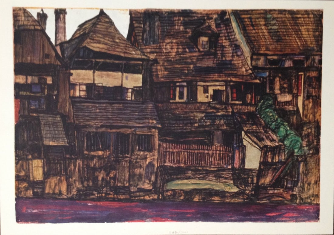 Egon Schiele Lithograph 12 House in Krumau 1968: Artist:Egon Schiele Country:Austria Title:House in Krumau Medium:Lithograph - 12 Marks:Signed in plate Printed:1968 by Max Jaffe, Vienna Austria Paper:Heavy paper 20 x 14 inch Provenance:Egon Sc