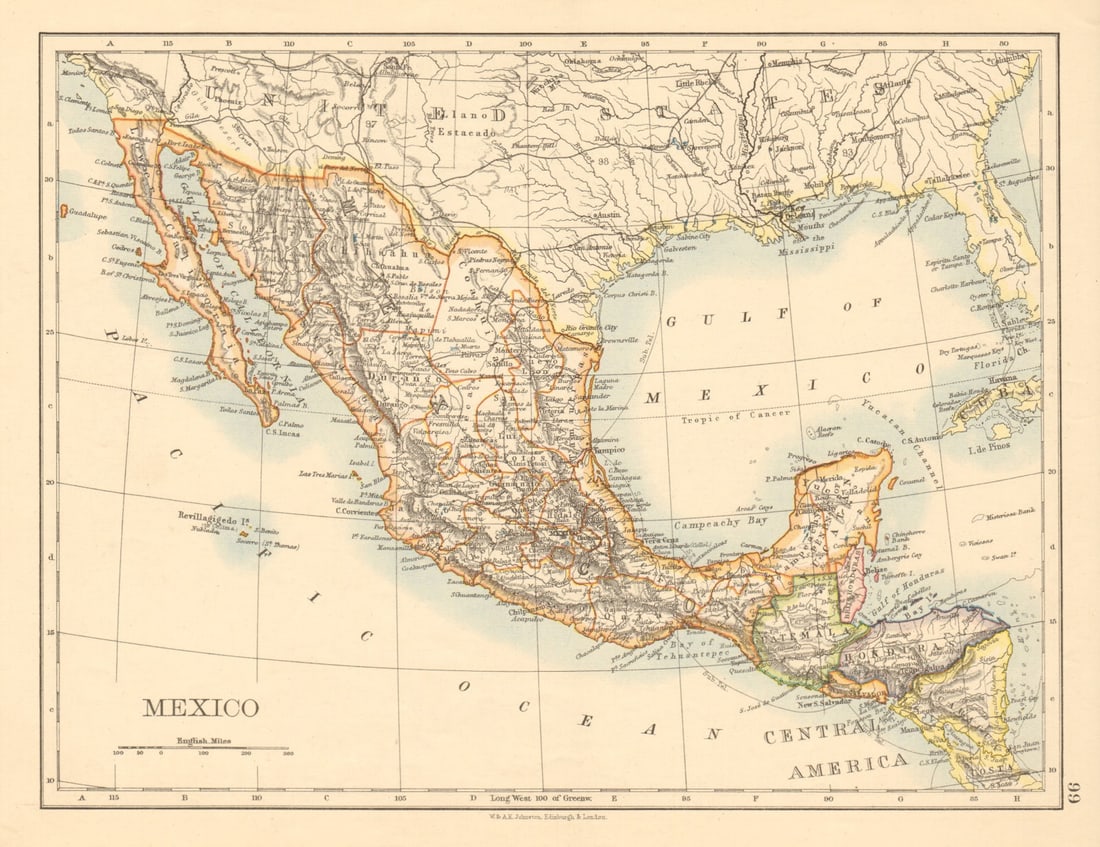 MEXICO Central America Guatemala British Honduras JOHNSTON 1892 old map (1 of 1)