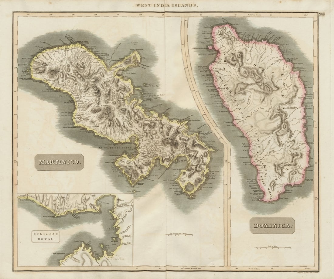 Dominica & "Martinico" (Martinique). Fort-de-France bay. THOMSON 1817 old map: Dominica. Martinico. Cul de Sac Royal'. A map of the adjacent Caribbean islands of Martinique (French) and Dominica (British) . Drawn & engraved by James Kirkwood & Son for John Thomson's "New General