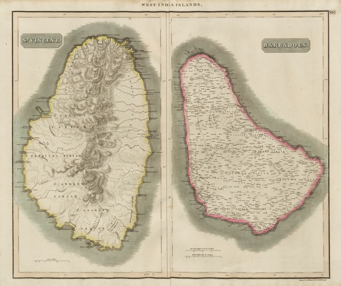 St Vincent & "Barbadoes". Barbados. West Indies Caribbean. THOMSON 1817 map: Barbadoes. St Vincent'. Drawn & engraved by James Kirkwood & Son for John Thomson's "New General Atlas". Published Published in 1817. Antique early 19th century atlas map with original hand colouring.