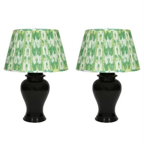 Pair Black Ceramic Urn Lamps With Wood Base