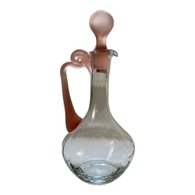 Vintage Polish Crystal Wine Carafe Decanter Pitcher With Frosted Pink Stopper and Satin Handle