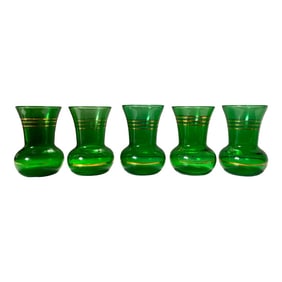 1930s Green Glass Gold Gilt Decorated Vases - Set of 5