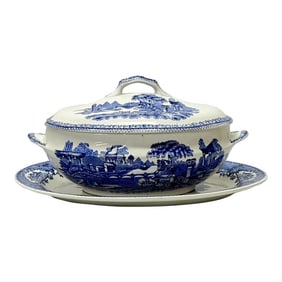Early 1900s Blue Transferware Tureen and Underplate Marked Estatua Gilman & Cta Sacavem Portugal