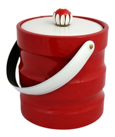 Mid Century Modern Ice Bucket Red Faux Patent Leather and White Plastic with Daisy Knob