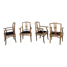 Late 20th Century Ming Style Indonesian Dining Armed Chairs Natural Teak & Upholstered Drop in Seats