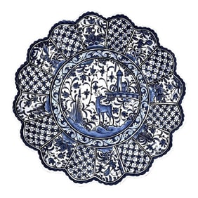 Vintage Hand-Painted Blue & White "Forest" Portuguese Faience Bowl