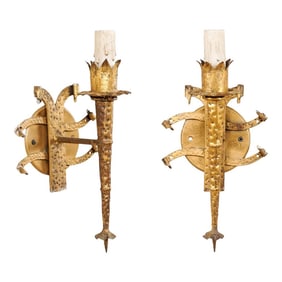 French Torch-Style Hammered Iron Sconces - A Pair