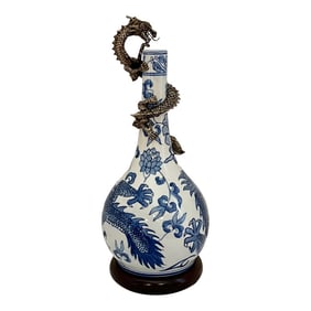 Vintage Blue and White Vase With Dragon Mount on Stand