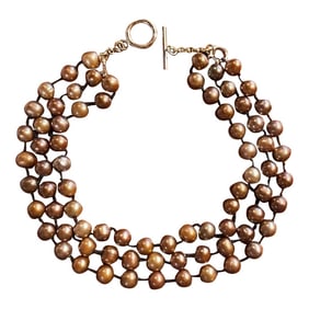 Triple Strand Bronze Pearl Choker Necklace With 14k Clasp