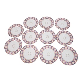 19th Century Haviland Limoges French Dinner Plates Wedding Band. Pink and Blue Interlocking Floral W