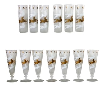Mid-Century Modern Cavalcade by Libbey Galloping Horse Cocktail Glasses Gold White Pilsner Tom Colli