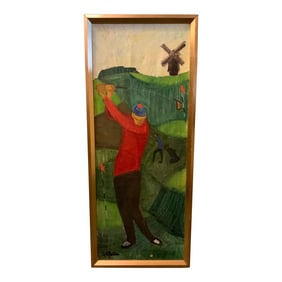 Framed Swedish Golfer With Windmill Painting