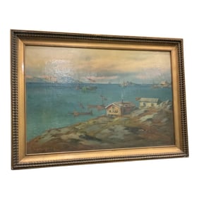 Early 20th Century Swedish Small Harbor Painting, Framed