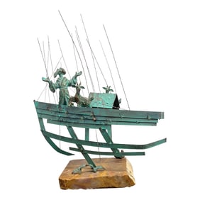 Bijan Signed Metal Art Sculpture of Man on Boat With Goats.