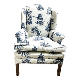 1990s Vintage Blue and White Pagoda Chinoiserie Fabric Upholstered Wingback Armchair