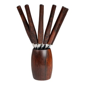 Set of 6 Danish Modern Serving Knives With Solid Rosewood Holder by Rostfrei Solingen, Germany, Circ