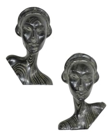 Art Deco Style Ebonized Oak Carved Female Bust Vintage Wall Sculptures, a Pair