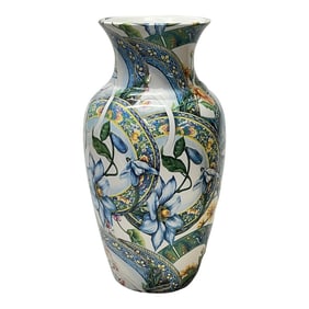 Large Italian Vase With a Print of Florals Staged on Blue and White China Pieces