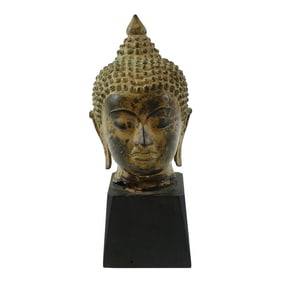 Antique Bronze Buddha Head on Wood Stand –“ 5" X 5" X 13" (With Base)