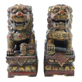 Antique Chinese Wood Sculptures of Foo Dogs - A Pair