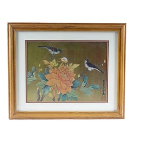 Mid 20th Century Original Asian Bird Flora Painting on Silk Signed