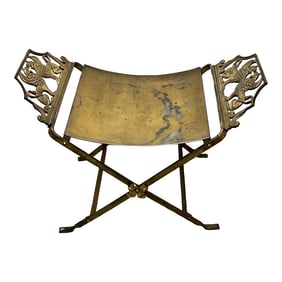 Antique Oscar Bach Style Opposing Winged Griffins Iron X Base Bench/Stool