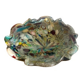 Vintage 1960s Murano Style Tutti Frutti Bowl Black/Multicolored Silver Flakes