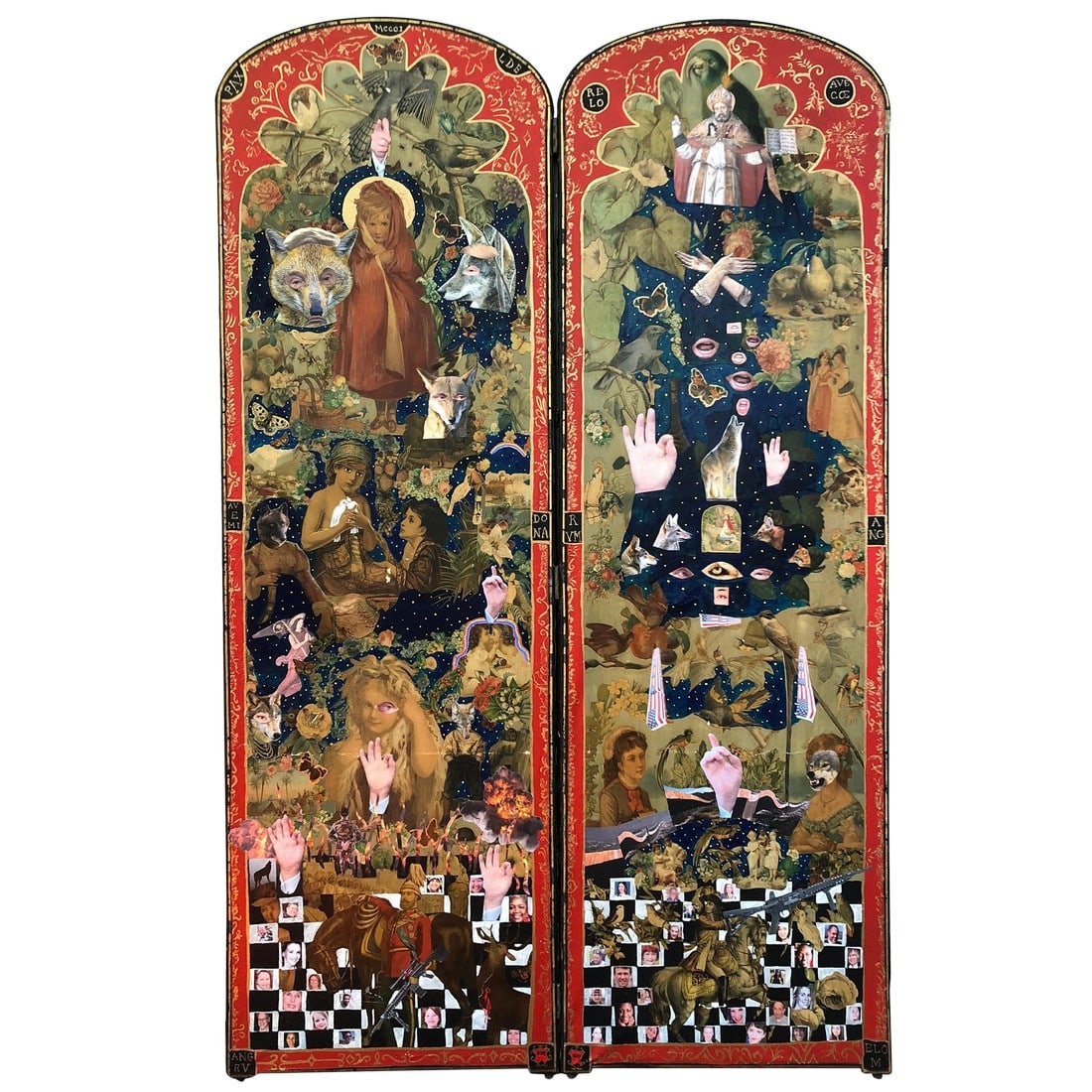 Powerful Mixed-Media Collage Diptych on Victorian Panels: Heaven Help Us All is a powerful thought provoking modern day icon by Princeton artist, Fay Sciarra. The two panel screen or diptych originated as a Victorian screen that the artist has meticoulsly pa