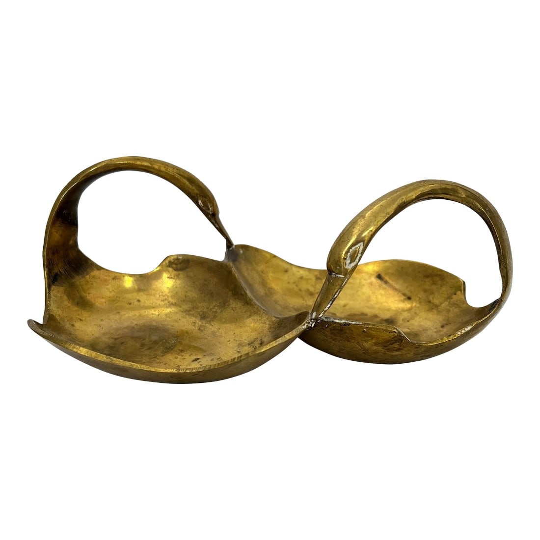 Mid Century Double Swan Trinket Dish: Mid century brass double swan catchall / trinket dish. Measures 7.5" w x 4" w x 3.5" h. Condition: Alterations: Original Condition Unaltered Imperfections: Some Imperfections Condition Notes: Minor ta