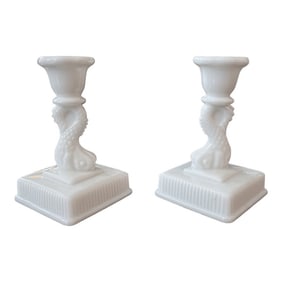 1940s White Milk Glass Dolphin Candlestick Holders by Imperial Glass - a Pair
