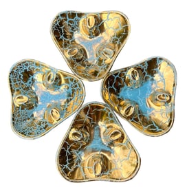 Mid Century Crackled Gold Gilding Over Turquoise Blue Glaze Triangular Ceramic Ashtrays - Set of Fou